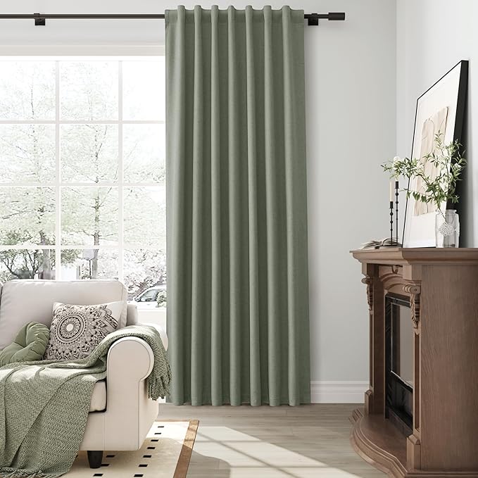 100% Blackout Linen Textured Curtains 80 Inches Long 2 Panels Set Room Darkening Curtains for Bedroom Living Room Sage Green Back Tab Hook Belt Insulated Thermal Noise Reduction Window Drapes 52x80