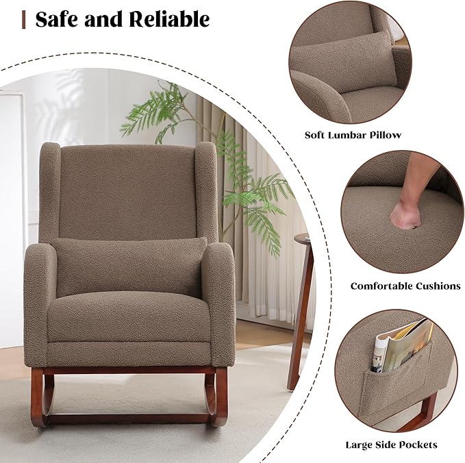 Rocking Chair Nursery with Foot Rest,Teddy Nursery Rocking Chairs, Wingback Nursing Glider Rocker Chair with Pillow and High Back for Nursery, Living Room, Bedroom, Coffee