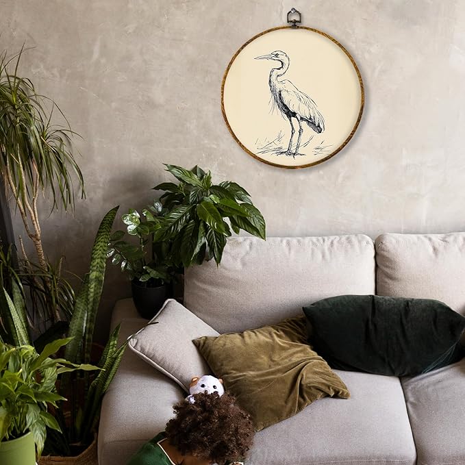 Hiuwevt Vintage Heron Bird Round Wall Art Decor, Retro Neutral Sketch Heron Framed Canvas Prints, Coastal Bird Round Wall Hanging Decor for Home Living Room Bedroom Decorations, 10x10 Inches