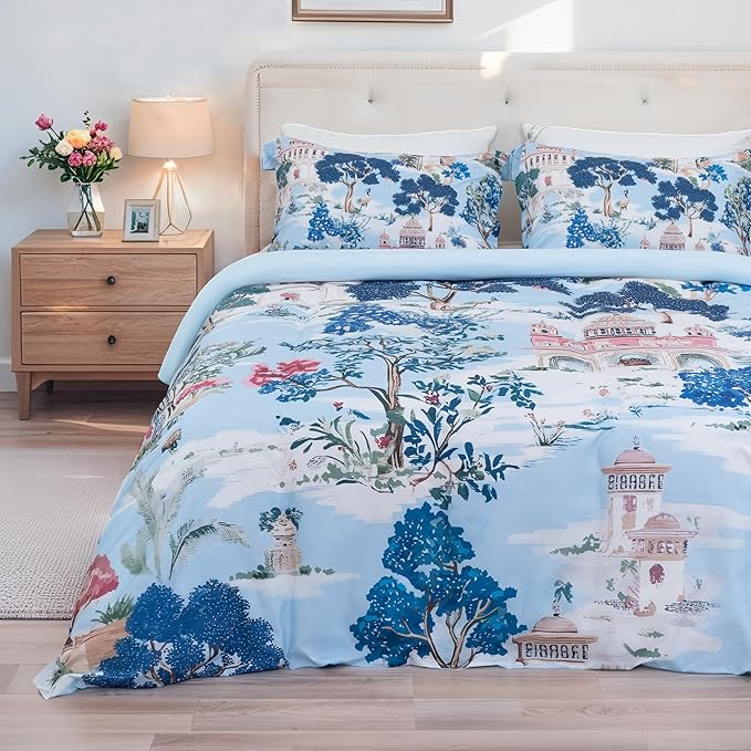 MAGRACE Blue Farmhouse Duvet Cover King Size, 3 PCS Washed Fiber Floral Pattern Bedding Set, Cozy Soft Breathable Quilt Cover, Zipper + 8 Corner Ties + 2 Pillow Shams, Without Comforter