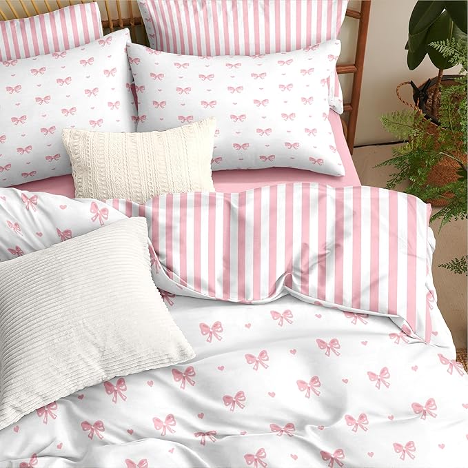 Bow Duvet Cover Queen Size Pink Striped Heart Bedding Set Cute Love Heart Printed On White Comforter Cover with Zipper Closure Soft Breathable Microfiber for Kids Girls