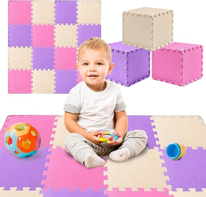TOYVELT Foam Puzzle Floor Mat for Kids - 12x12-32 Interlocking Play Mat Tiles with Colors - Educational Large Puzzle Foam Floor Tiles for Crawling, Non-Toxic - Pink-Purple-Beige