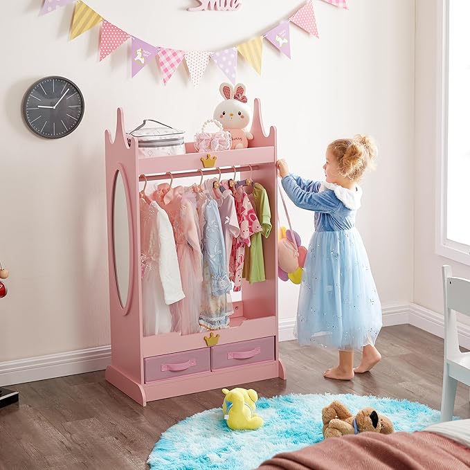 Kids Dress Up Storage with Mirror, Kids Armoire with Non-Woven Drawers, Open Costume Closet with Hanging Rack for Toddlers (Pink)