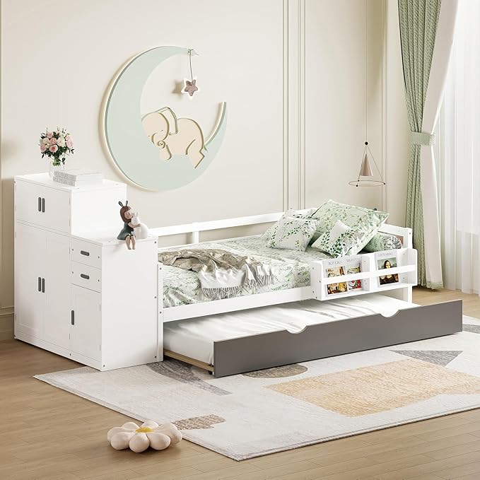 Merax Twin Corner Bed with Trundle and Drawers, Wooden Daybed Frame with Movable Wardrobe, Two Bookshelves, and Safety Guardrail, Twin Size Bed Frame for Kids, Boys Girls, Easy Assembly,White