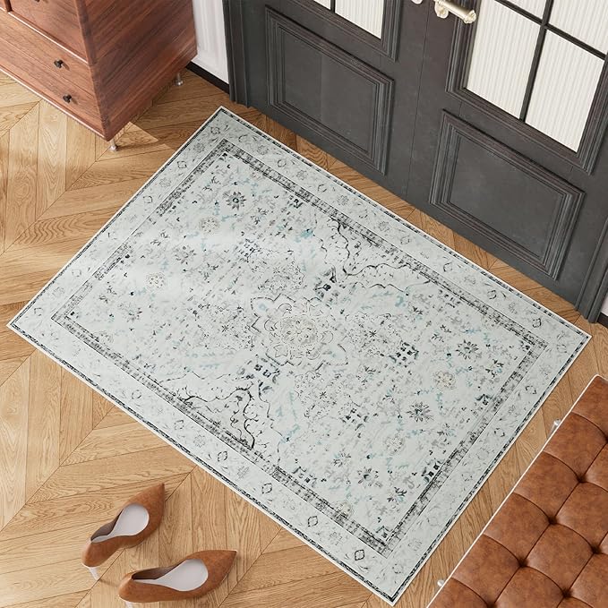 AMTOVO 2x3 Washable Entryway Area Rug Door Mat, Vintage Boho Distressed Print Pattern Non-Slip Carpet, Small Throw Rug for Indoor Entrance Kitchen Bedroom Bathroom Laundry Floor, Light Grey