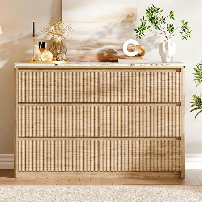 Fluted Dresser for Bedroom with 6 Drawers, 47.2" Modern Chest of Drawers with Faux Marble Top, Curved Profile Design,Dresser TV Stand, Wood Drawer Organizer for Living Room, Hallway, Oak1