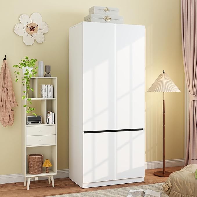 Armoire Wardrobe Closet with Doors: 75" White Large Wardrobe Closet with 2 Doors, Clothes Cabinets for Bedroom Armoires with Storage, Wood Wardrobes Closets for Hanging Clothes (C-Style, 31.5")