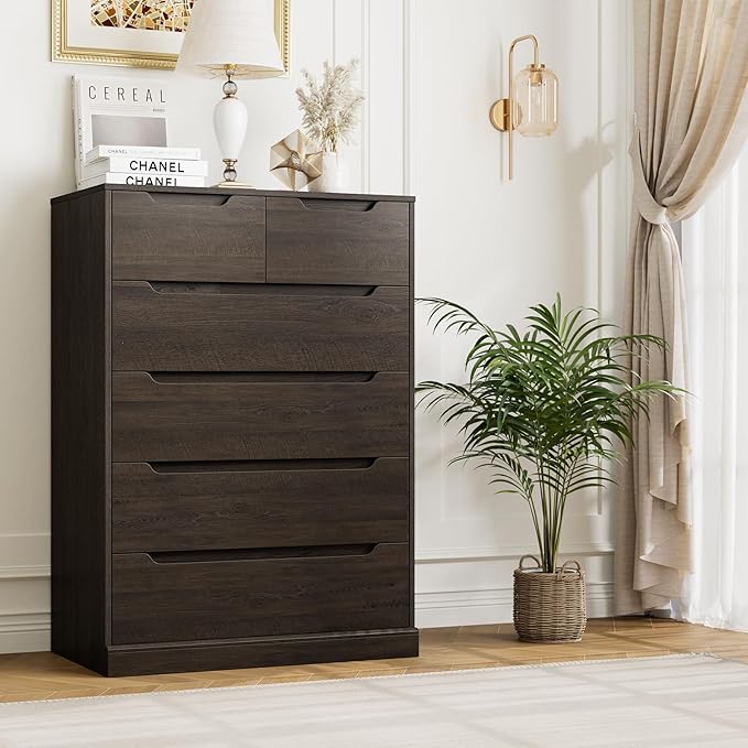 HOSTACK Modern 6 Drawer Dresser for Bedroom, Tall Chest of Drawers with Storage, Large Wood Storage Chest Organizer with Cut-Out Handle, Accent Storage Cabinet for Living Room, Hallway, Dark Brown