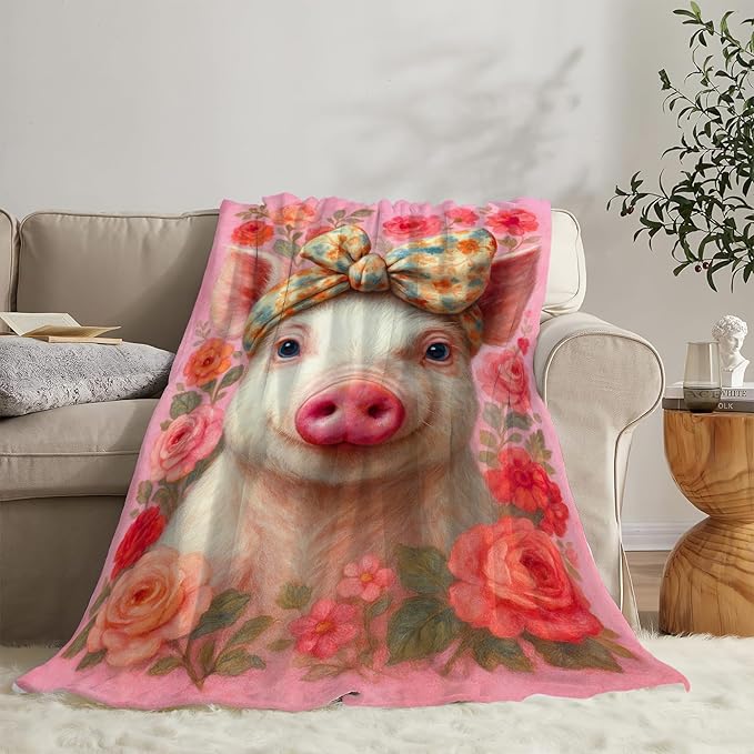 Pink Pig Blanket Cute Pig Throw Blanket Soft Cozy Fleece Fuzzy Stuffed Plush Flannel Animal Gifts for Girls Women Boys Kids Adults 60"X80"