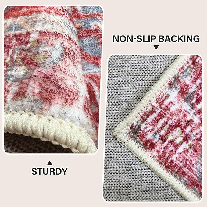 Vhong Vintage Area Rugs Boho Washable Neutral Modern Brick Red Burgundy 2x3 Non Slip Small Carpet for Hallway Bathroom Entryway