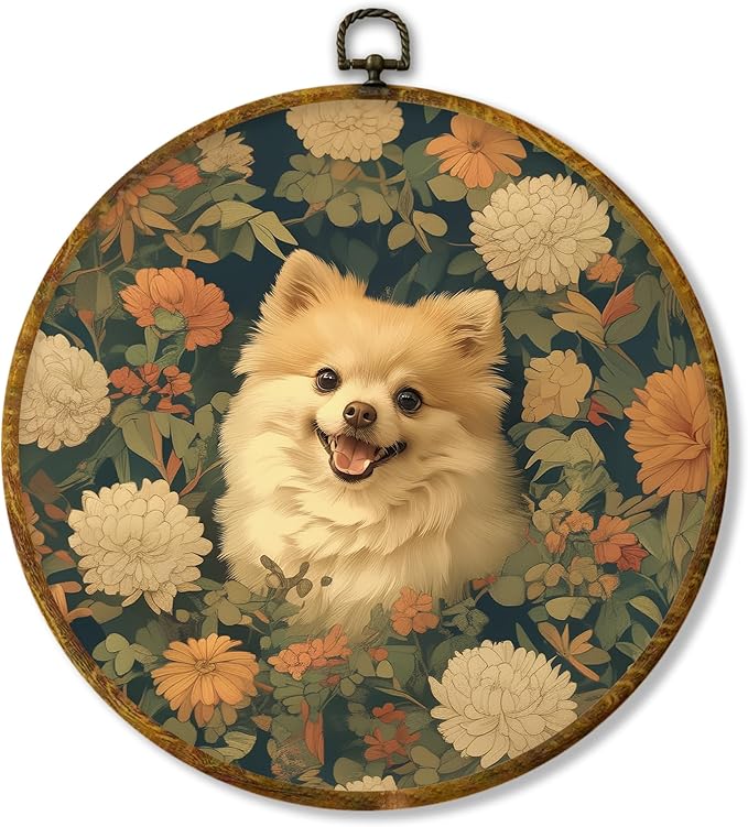 Hiuwevt Vintage Floral Pomeranian Round Wall Art Decor, Pomeranian Gifts for Women Framed Canvas Prints, Cottagecore Flower Dog Round Wall Hanging Decor for Home Bedroom Room Decorations, 10x10 Inches