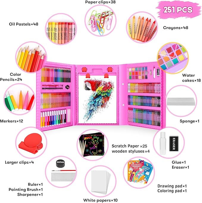 iBayam Art Supplies, Arts and Crafts for Kids Adult Teens Girls Boys, Painting Coloring Art Kits Christmas Gifts, 251-Pack Art Set Case with Trifold Easel, Drawing Pad, Coloring Book, Scratch Paper