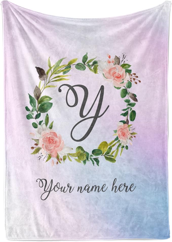 Personalized Girls Throw Blanket with Custom Name | Plush Warm Fleece for Bedding or Decorative Room Decor | Cute Kids Bed Covers | Boho Monogram Flowers (Sherpa, 60x80)