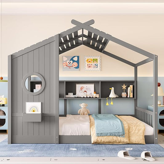 Merax Full House Floor Bed with Storage Shelf for Kids, Modern Full Size House Bed Frame with Roof, Wooden Montessori Bed Full Size for Boys Girls, No Box Spring Needed, Grey