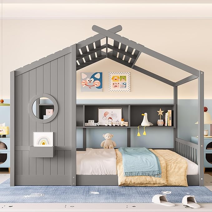 Merax Wood Floor House Bed with Storage Shelves, Full Size Low Day Bed with Headboard & Wood Slat Support, No Box Spring Needed, Gray