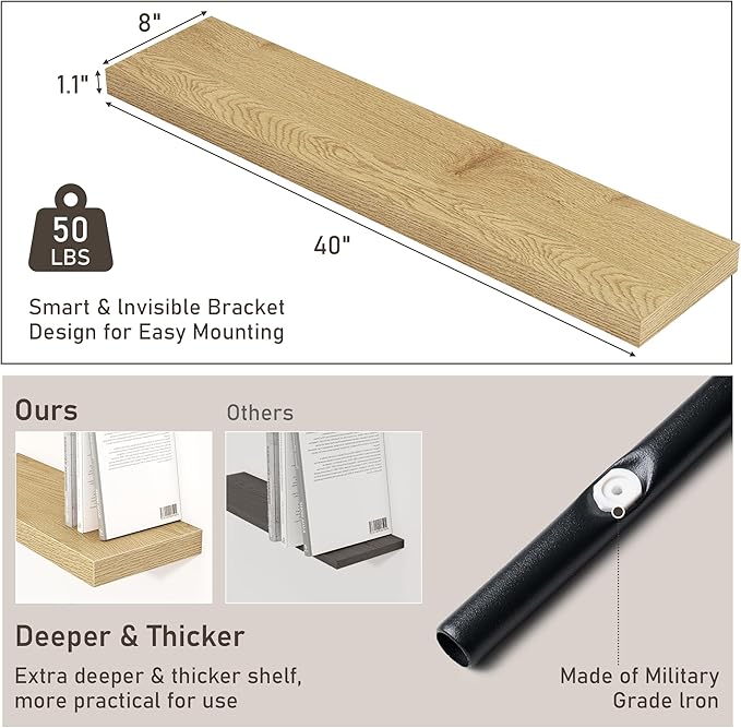 Fun Memories 40" Floating Shelves for Wall, 8 Inch Deep Floating Shelf for Books, Deep Bathroom Shelves Wall Mounted, Rustic Display Shelf for Kitchen, Bedroom, Living Room, Oak Color, 2 Pack