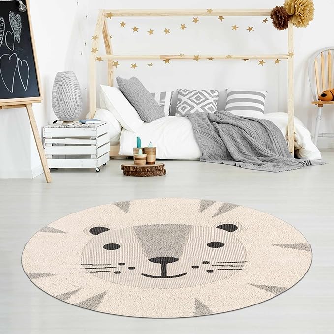 Hauteloom Kids Room, Nursery Round Area Rug - Outdoor Patio Safe - Animal Baby Lion Playroom Carpet - Beige, Gray, Black, Cream - 7'10"