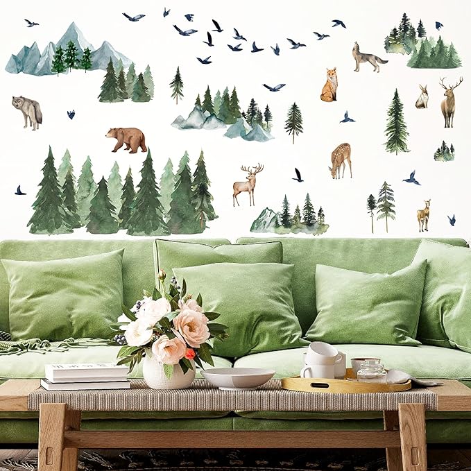 Mountain Tree Wall Decals Watercolor Pine Tree Wall Decals Large Woodland Wall Stickers Forest Flying Birds Deer Fox Bear Animal Wall Stickers for Nursery Kids Room Bedroom Decor