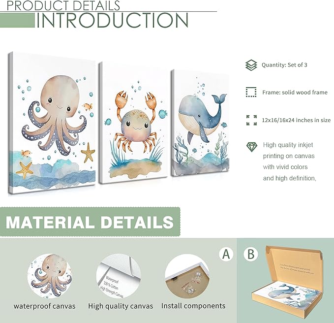 Ocean Nursery Wall Art Set of 3, Sea Animal Baby Boys Room Canvas Wall Decor Paintings, Watercolor Ocean Kids Nursery Posters Prints Pictures for Boys and Girls Room, Bedroom 16x24 Inch Framed