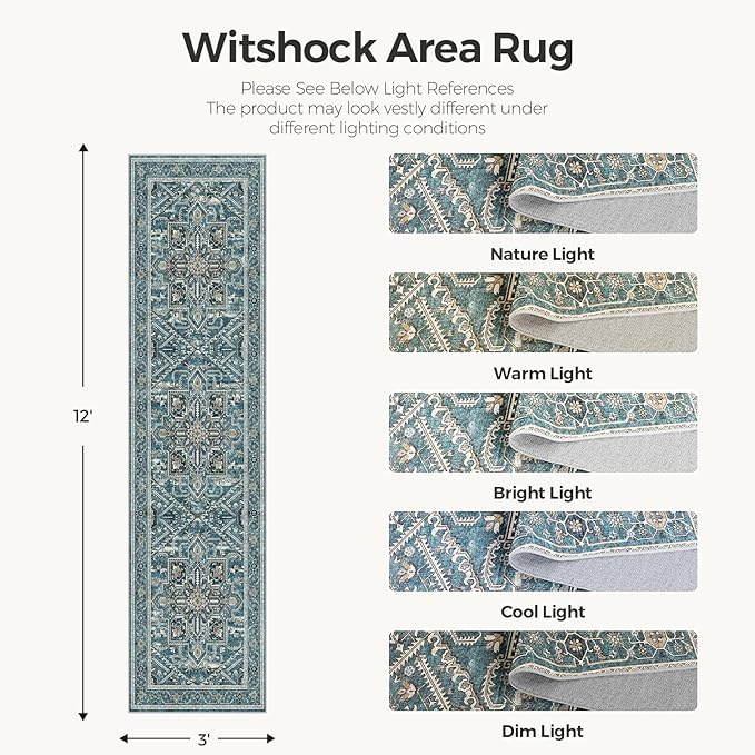 WITSHOCK Teal Wshable Runner 3x12: Long Runner Rug Boho Soft Low Pile Stain Resistant Foldable Carpet for Bedroom Hallway Entryway Kitchen Indoor Entrance, Vintage Distressed Farmhouse Home Decor