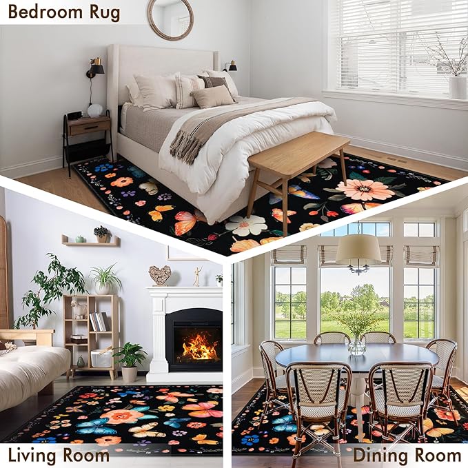 5x7 Machine Washable Area Rug, Non-Slip Vintage Floral Floor Rugs for Kids, Low Pile Room Carpet for Living Room, Bedroom, Dining Room & Nursery(5x7 Black Floral)