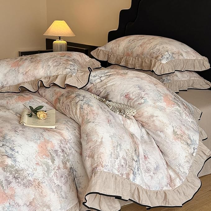 HighBuy Girl French Linen Duvet Cover Full Size,Coquette Ruffle Bedding Beige Jacquard Comforter Cover Set for College,Muslin Yarn-Dyed Cotton Cooling Bedding Set Breathable for Hot Sleepers