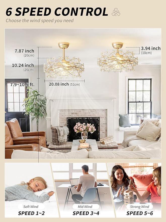 20" Gold Crystal Fandelier Ceiling Fan with Light, Mid-Century Chandelier Ceiling Fan with Light Remote Control, Flower Caged Enclosed 6 Speeds for Bedroom, Nursery, Foyer, Living Room