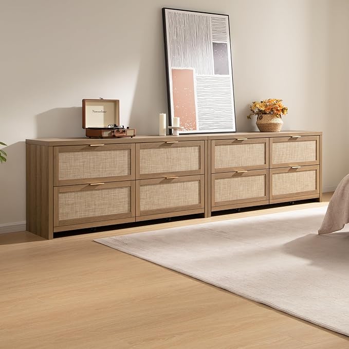SICOTAS 60.8" Dresser for Bedroom, Rattan Boho Dresser with 4 Deep Drawers, Large Chest of Drawers for Closet,Nursery,Dressers TV Stand for Bedroom (Reclaimed Caramel Oak, 4 Drawers (1 pc))