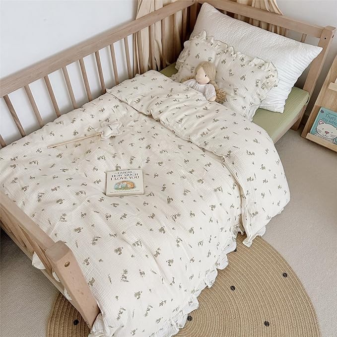 AOJIM Kids Crib Muslin Duvet Cover with Grey Rabbit, 1pc Cotton Baby Toddler Bedding 2-Layer Gauze Comforter Cover 59X79'', Ruffled Design Soft Duvet Protector for Girls Boys, No Quilt or Pillowcases