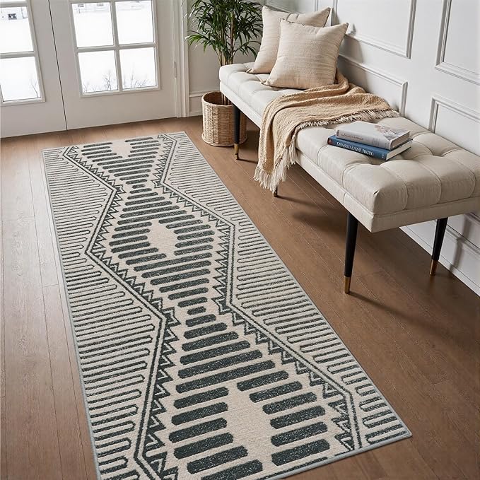 Charcoal Grey Boho 2x6 ft Runner Textured Tufted Rugs for Hallway Kitchen Bedroom Entryway Long Non Slip-Carpet Washable Neutral Modern Geometric Moroccan Aztec Rug