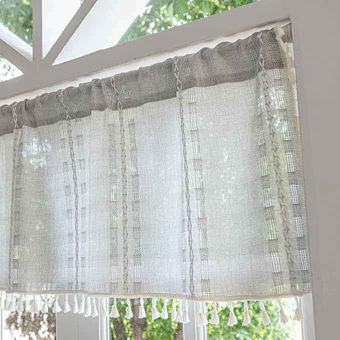 Deeprove Boho Valance Kitchen Short Curtain Tassel, Textured Striped Drape Tier Embroidered Shabby Chic Window Treatment for Cafe Dinging Room Closet, W52 x L18 inch Single 1 Panel Silver Grey