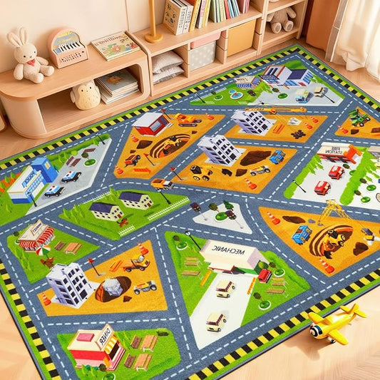 STARUIA Car Rug Play Mat 63"x78", Kids Cars Rug for Playroom Toy Cars Non-Slip City Road Map Kids Rugs for Bedroom Boys, Educational Baby Children Play Mat for Learn and Have Fun
