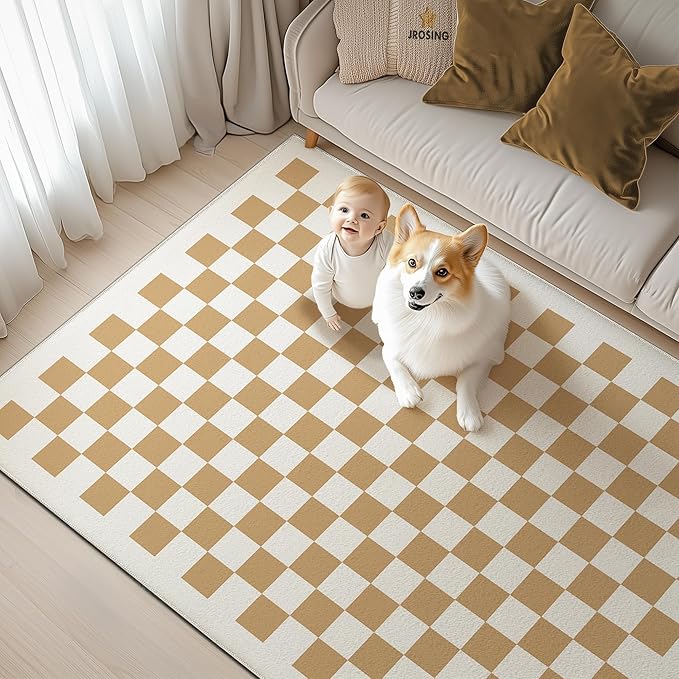 Washable Checkered Rug, 5x7 Tan Brown Checkerboard Modern Foldable Large Area Rugs for Living Room, Low Pile Ultra-Thin Non-Slip Indoor Doormat Carpet for Office Bedroom Diningroom Classroom