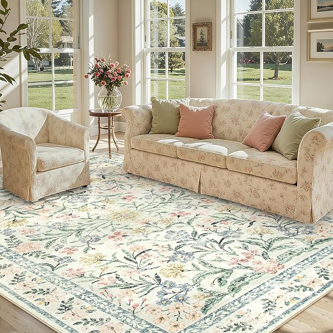 Lahome Boho Washable Girls Bedroom 9x12 Rugs, Beige Cream Floral Large Area Rugs for Bedroom, Soft Non-Slip Thin Carpet for Nursery Kids Playroom Dining Room Home, Beige
