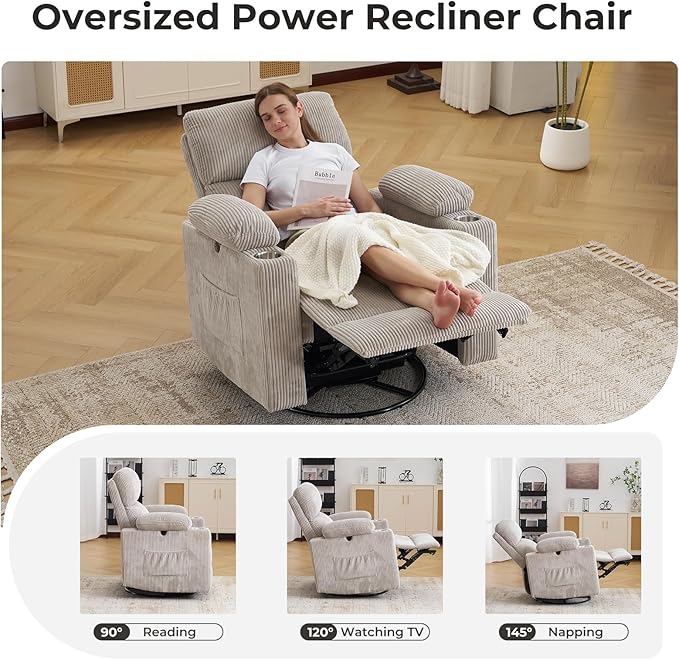 Oversized Power Recliner Chair Swivel Glider with Massage and Heat, Swivel Rocker Recliner with Adjustable Armrests, 26" Wide Nursery Chair with Storage Ottoman, Rocker Nursery Recliner,Corduroy Grey