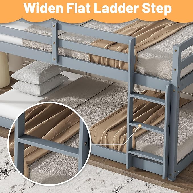 Bunk Bed Twin Over Twin, Wood Low Profile Floor Twin Bunk Beds with Ladder Guardrails for Kids Boys and Girls, No Box Spring Needed
