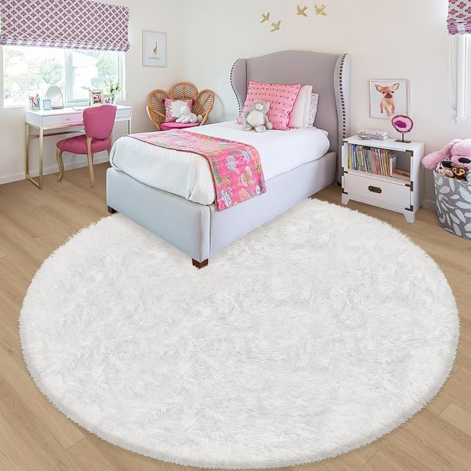 7 ft Round Fluffy Large White Rug for Bedroom,Tie Dyed Furry Round Carpet Non Slip Fuzzy Shaggy Plush Circle Area Rug for Living Room Room Nursery Room Playroom Kids Room Home Decor Washable