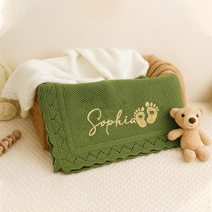Luxury Personalized Baby Blanket, Soft Breathable Cotton Knit, Custom Embroidered Name Blanket, Newborn Baby Gift, Baby Shower Present, Gifts for New Mom, Baby Girl & Boy Style 2