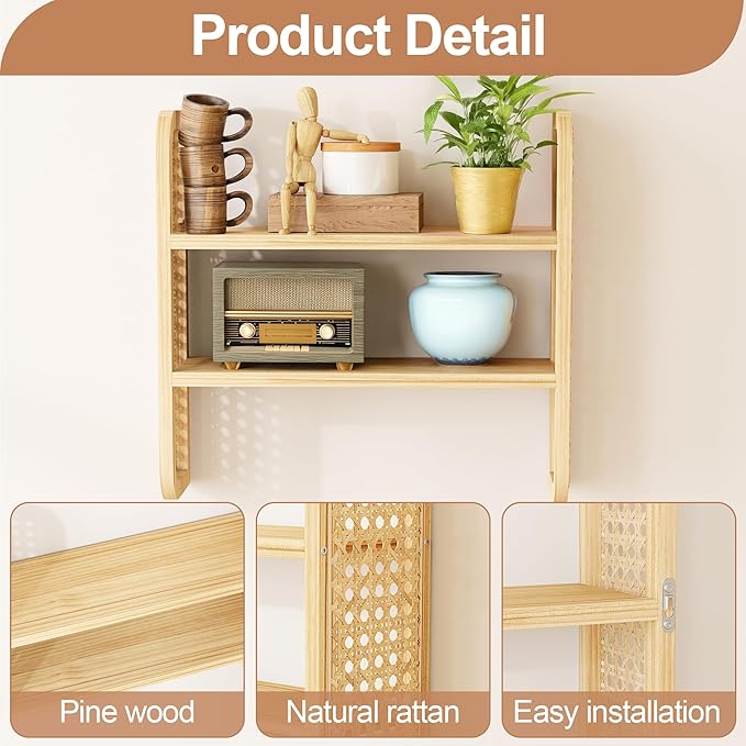 2-Tier Natural Rattan Wall Shelf, Cute Hanging Book Shelves Storage, Decorative Natural Display Shelves, Boho Floating Shelf for Nursery, Bedroom, Living Room