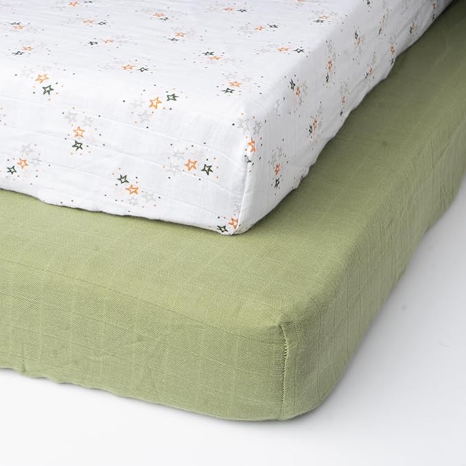 Salt Earth 100% Organic Cotton Muslin Standard Fitted Crib Sheet, 52"x28", 2 Pack Soft Breathable Natural Cotton Sheets Baby Mattress Bed Sheets, No Slip Neutral Baby Crib Sheet (Green & Star)
