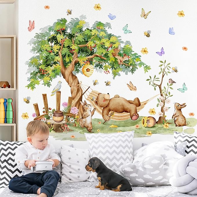 Amaonm Large Whimsical Tree Wall Decal with Woodland Animals, Birds, and Butterflies, Watercolor Green Tree Wall Sticker Decor for Girls Kids Bedroom Living Room Nursery Decoration (C)