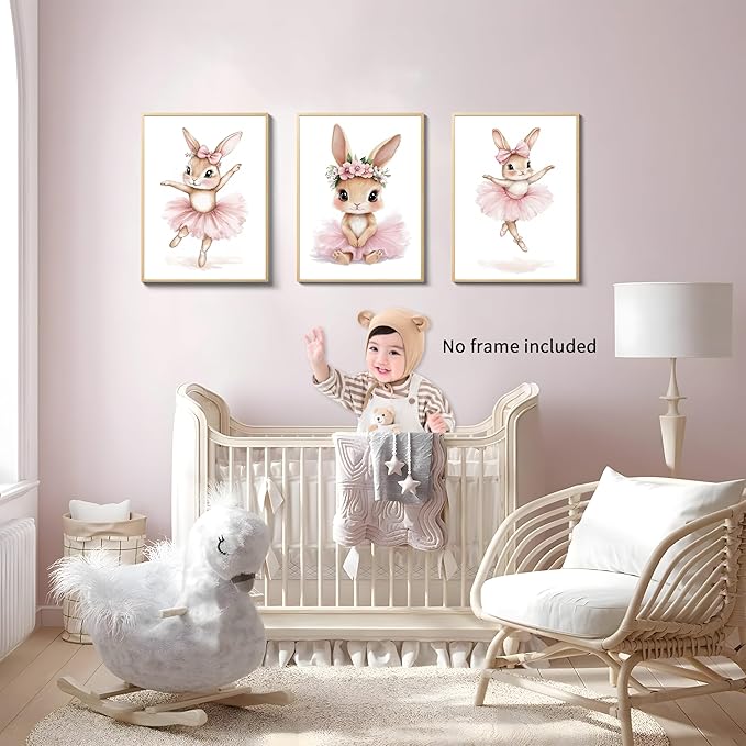 Kusag Baby Girl Nursery Posters Wall Decor, Easter Nursery Canvas Wall Art Paintings Set of 3, Cute Animal Pink Bunny Prints Pictures for Boys and Girls Room, Bedroom, Home Decor 16x24 In Unframed