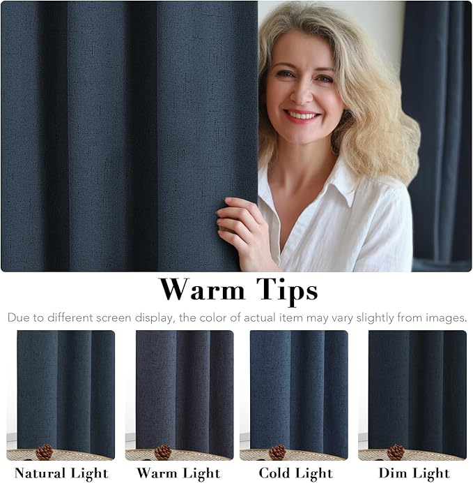 H.VERSAILTEX Linen Blackout Curtains 96 Inches Long 100% Absolutely Blackout Thermal Insulated Textured Linen Look Curtain Draperies Anti-Rust Grommet, Energy Saving with White Liner, 2 Panels, Navy