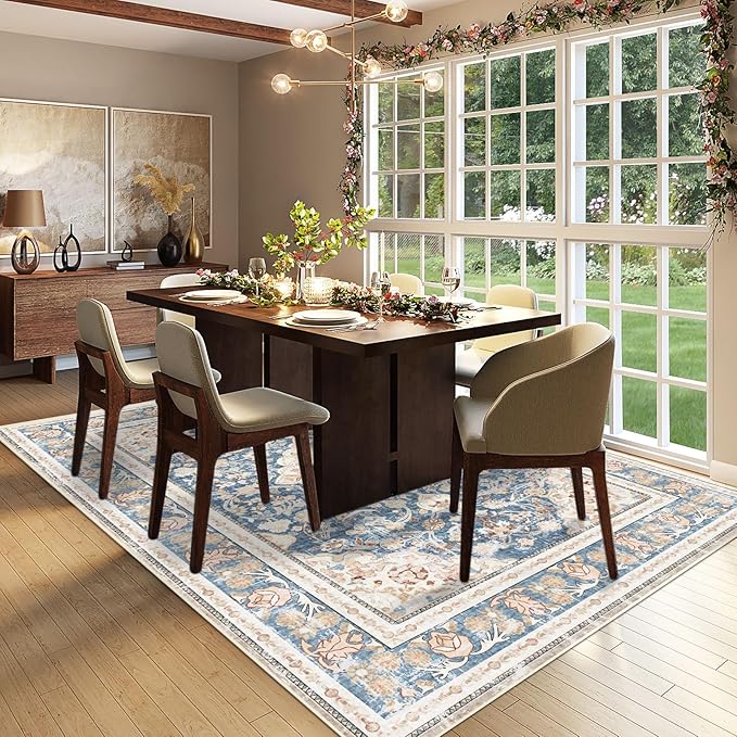 Vhong Boho Area Rugs Washable Vintage Modern Neutral Large Carpet Blue 5×7 High Traffic Rugs for Dinning Room Living Room Bedroom Farmhouse Non Slip