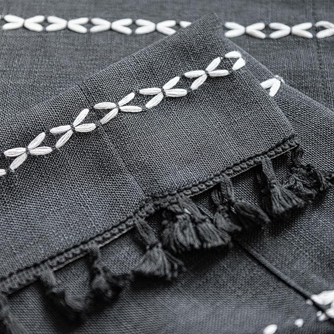 Deeprove Black Boho Curtain Valance for Cafe Kitchen Closet Doorway Cottage Decor, Gothic Sheer Bohemian Farmhouse Cotton Linen Short Panel Tassel Vintage Chic Window Drape W52 x L18, 1 Piece