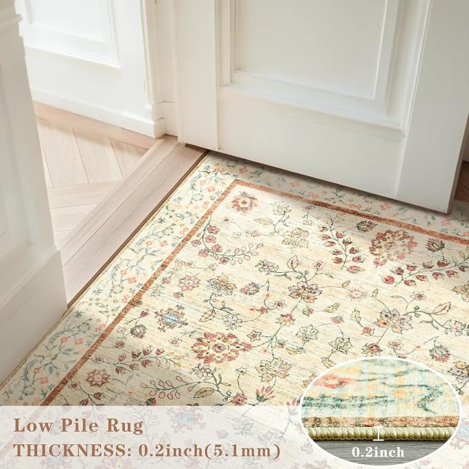 5x7 Rugs for Living Room, Beige Washable Floral Area Rug for Bedroom, Soft Low Pile Thin Indoor Non Slip Carpet for Kitchen Dining Room, Large Boho Throw Carpets for Nursery Office Dorm Home Decor