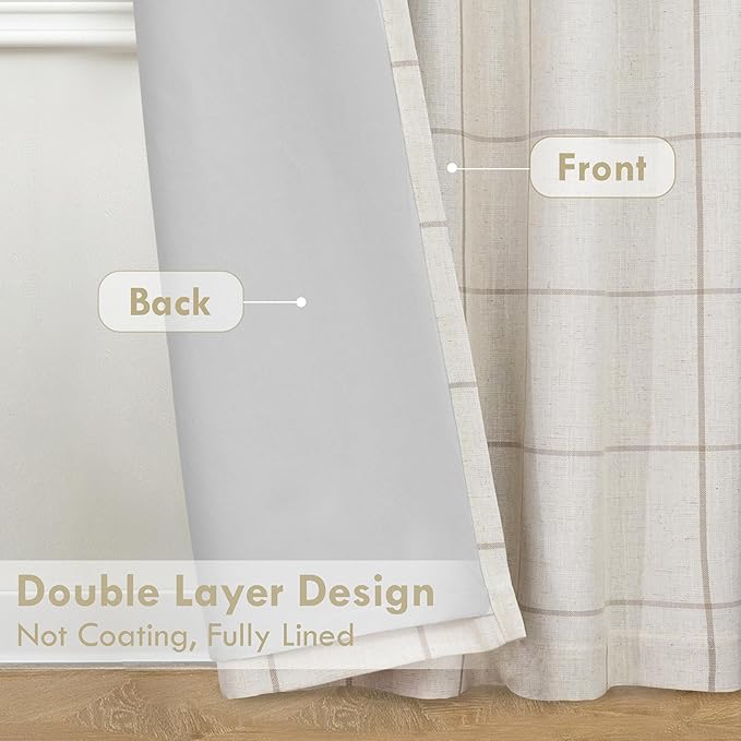DriftAway 2 Panels 100% Blackout Windowpane Plaid Linen Curtains Double Layer Drapes for Bedroom 108 Inches Long Farmhouse Thermal Insulated 3.25 Inch Rod Pocket Back Tab for Living Room Taupe