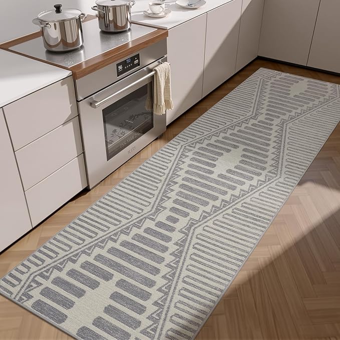 Silver Grey Boho 2x8 ft Runner Textured Tufted Rugs for Hallway Kitchen Bedroom Entryway Long Non Slip-Carpet Washable Neutral Modern Geometric Moroccan Aztec Rug