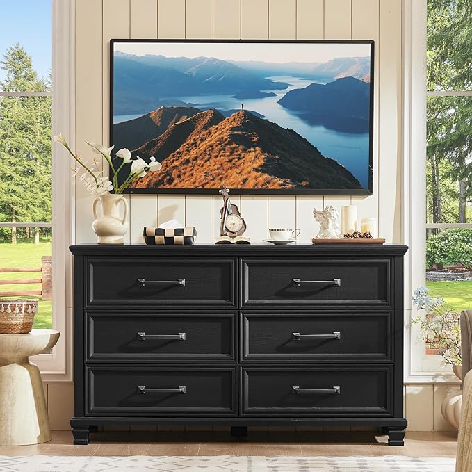 Farmhouse Wood 6 Drawer Dresser Set of 2, 54 inch Wide Large Vintage Chest of Drawers for Bedroom, Rustic Dressers TV Stand with Square Solid Wooden Legs for Living Room, Hallway, Black