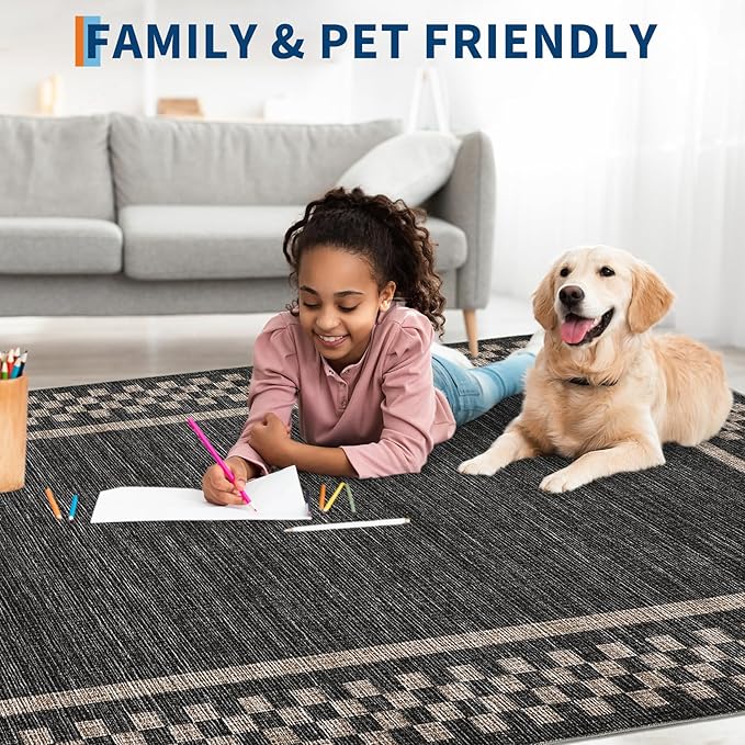 GarveeHome Modern Bordered 9x12 Area Rugs for Living Room Bedroom Soft Washable Large Bedroom Throw Carpet Non Slip Checkered Geometric Rugs for Dining Room Home Decor Office, Black